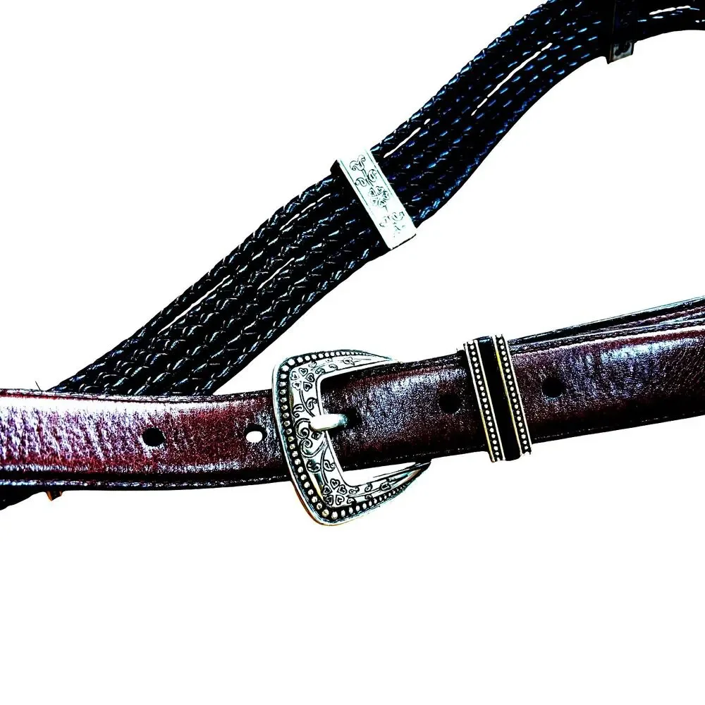 Vintage Brighton ladies dark brown braided leather belt M/L 32 silver hardware